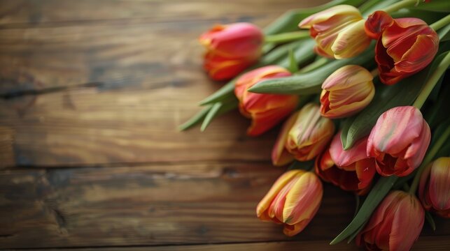 Close up of tulip flowers on a wooden table represents flora gardening and plant idea