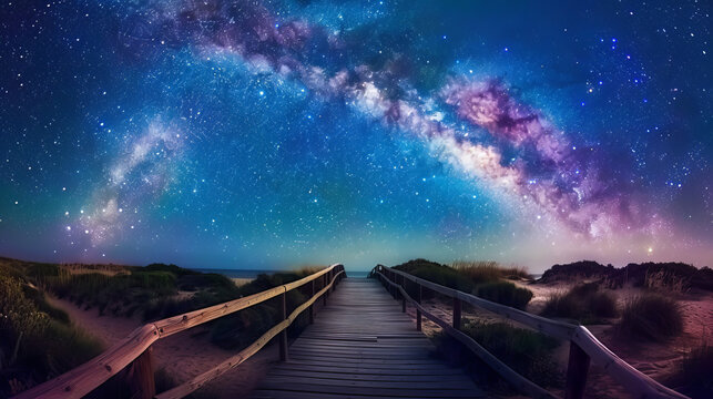 A glowing Milky Way arches over a wooden pathway at Riumar Beach in Catalonia, Spain.
