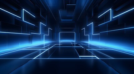 3d rendering of blue and black abstract geometric background. Scene for advertising, technology, showcase, banner, game, sport, cosmetic, business, metaverse. Sci-Fi Illustration. Product display