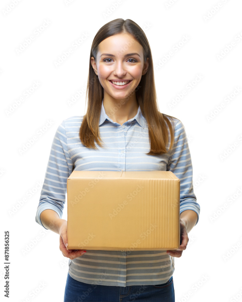 Wall mural happy girl holding package parcel boxes isolated on transparent background, png file format. deliver