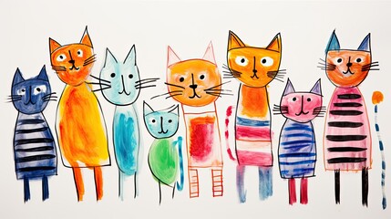 A child's drawing of cats on white paper
