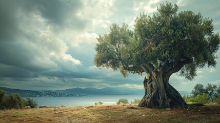 Olive tree in a Greek plantation by the Mediterranean Sea cloudy sky focus on fruit and oil export