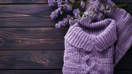 Lilac gray knitted sweater neatly arranged on dark wooden background with space for text Flat lay