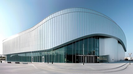 panoramic shot of a new age concert hall, its exterior designed with acoustic aluminum siding to optimize sound both inside and out