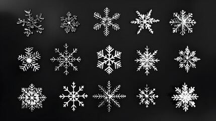 Icon set of winter snowflakes over black. 