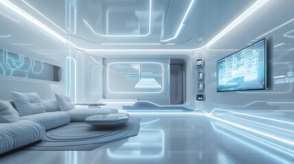 Futuristic Minimalist Living Room with Smart Holographic Controls and Cutting-Edge Technology