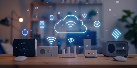 Connected Smart Home Devices and Cloud Computing Concept with Informative Digital Render