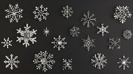 Icon set of winter snowflakes over black. 