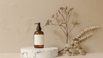 Top view of a white marble podium amber cosmetic bottle with a white label mockup and dry Lagurus bouquet on beige backdrop with space for text
