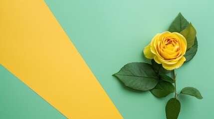 Geometric paper background with vibrant yellow rose and green color scheme Minimalistic fashion mockup with top down view and room for text