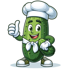 cucumber mascot character in chef costume giving thumbs up