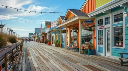 panoramic view of a coastal boardwalk, each shop front featuring vibrant, weather-resistant aluminum siding