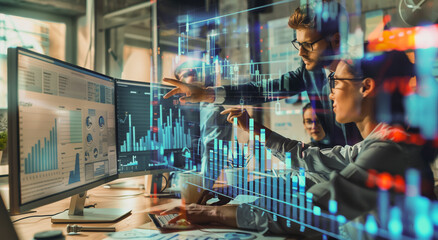 Professional business team working on a project together in the office Using economic growth charts and network connections to accompany the data. in analyzing future trends