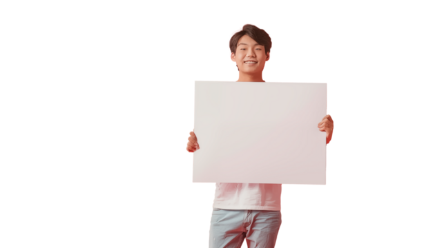 Asian man holding a blank sign and smiling, isolated on transparent background
