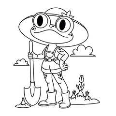 The children's character gardener frog with a shovel and tulip bulbs in the garden bed. Children's coloring page (A4 format). Vector illustration.