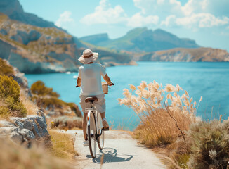 Happy grandmother driving bicycle around sea coast during summer time.