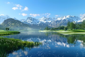 Serene lake in the springtime, flanked on both sides by lush green grass meadows