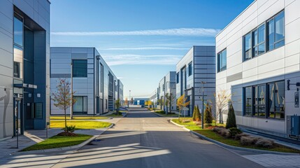Fototapeta premium panoramic view of a modern industrial complex, where each building showcases a different application of aluminum siding