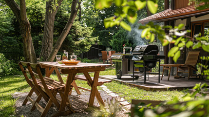A lovely backyard garden setup for summer grilling with a wooden table in the shade.
