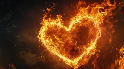 Vibrant heart shape engulfed in bright intense flames on a dark isolated background