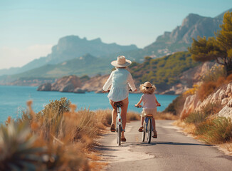 Grandmother with her little granddaughter driving bicycle around sea coast.