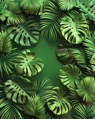 Fototapeta premium Tropical Paradise - Top View 3D Illustration of Lush Palm and Monstera Leaves on Vibrant Green Background