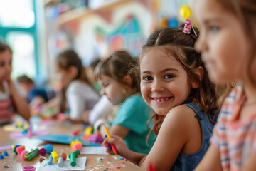 Fototapeta premium happy kids doing arts and crafts at school