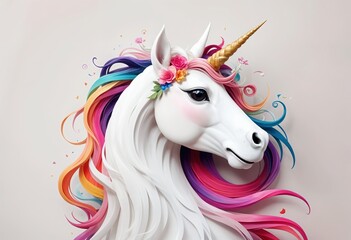Fototapeta premium 3d mythical unicorn in paper style white horse with a ribbon