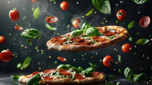 A Pepperoni pizza with its ingredients floating in the air. explosion of pizza with fresh basil leaves. creative advertising banner for pizza delivery