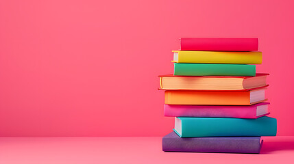 Stack of colorful books on pink background, LGBTQ  concept