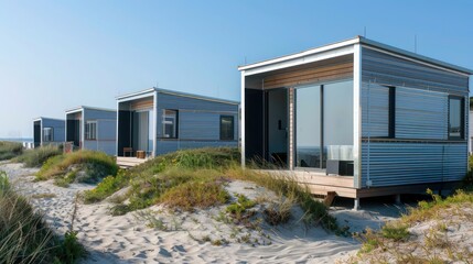 panoramic view of a series of small seaside cabins, their aluminum siding specially coated to resist saltwater corrosion