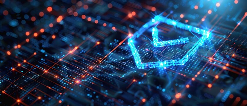 Futuristic approval checkmark hologram in a digital business world, business banner concept with space for copy text or product