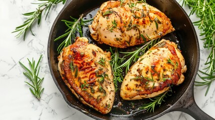 Fresh chicken breast fillet seasoned with herbs and spices in cast iron skillet on marble table top view with space