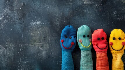 Smiley face finger puppets on dark background with space for text