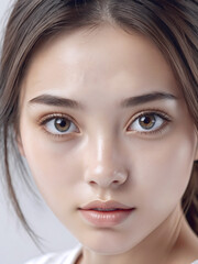 Obraz premium Asian Japanese girl beautiful eyes in white t-shirt with healthy skin super realistic white studio background.