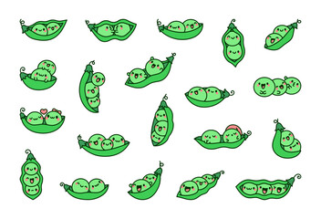 Cute kawaii couples of peas in a pod. Funny cartoon vegetables characters. Hand drawn style. Vector drawing. Collection of design elements.