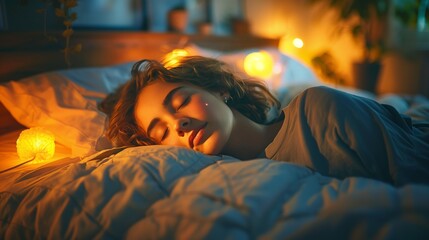 Obraz premium Woman Sleeping in Bed With Warm Lighting