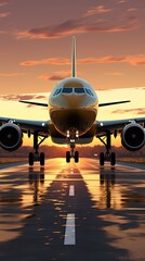 a plane is flying over a sunset background.