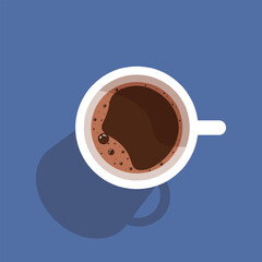 Flat cup of coffee with shadows isolated future dusk background. Minimalism style coffee poster in trendy 2025 color style. Elegant vector aesthetic can used cafe, takeaway poster template. EPS 10