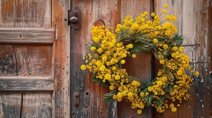 Spring wreath of yellow mimosa flowers on a wooden house door