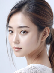 Fototapeta premium Asian Japanese girl beautiful eyes in white t-shirt with healthy skin super realistic white studio background.