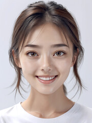 Fototapeta premium Asian Japanese girl beautiful eyes in white t-shirt with healthy skin super realistic white studio background.