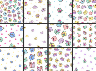 Cute funny pillow with happy face. Seamless pattern. Cartoon kawaii character. Hand drawn style. Vector drawing. Collection of design ornaments.