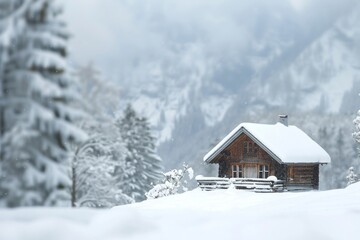 A small cabin covered in snow, with a softly blurred background of snowy trees and mountains.