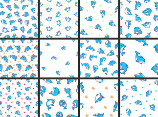 Cute kawaii dolphin in different poses. Seamless pattern. Funny cartoon marine character. Hand drawn style. Vector drawing. Collection of design ornaments. © palau83