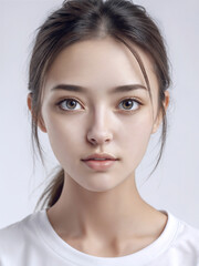 Asian Japanese girl beautiful eyes in white t-shirt with healthy skin super realistic white studio background.