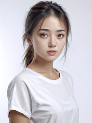 Fototapeta premium Asian Japanese girl beautiful eyes in white t-shirt with healthy skin super realistic white studio background.