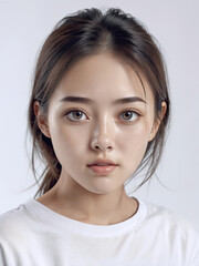 Fototapeta premium Asian Japanese girl beautiful eyes in white t-shirt with healthy skin super realistic white studio background.