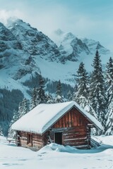 A small cabin covered in snow, with a softly blurred background of snowy trees and mountains.