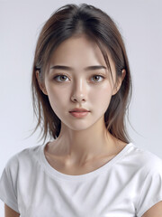 Fototapeta premium Asian Japanese girl beautiful eyes in white t-shirt with healthy skin super realistic white studio background.